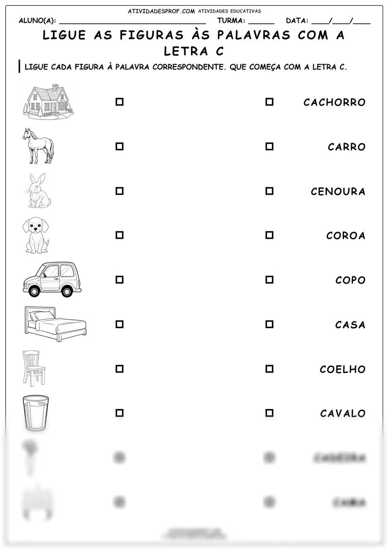 Ligue as figuras às palavras com a letra C