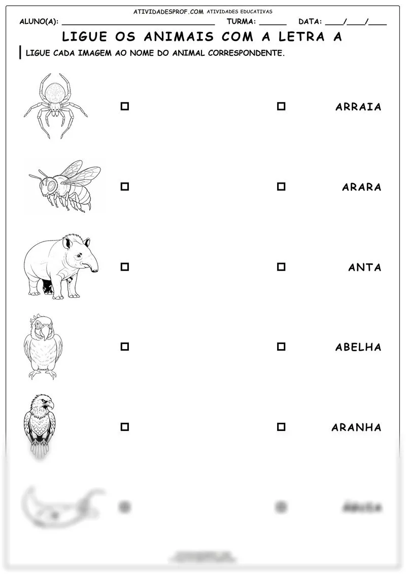Ligue os animais com a letra a
