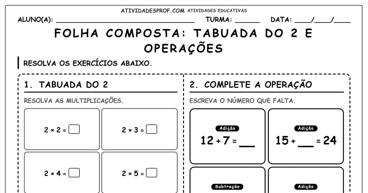 FOLHA COMPOSTA: TABUADA DO 2 E OPERAÇÕES