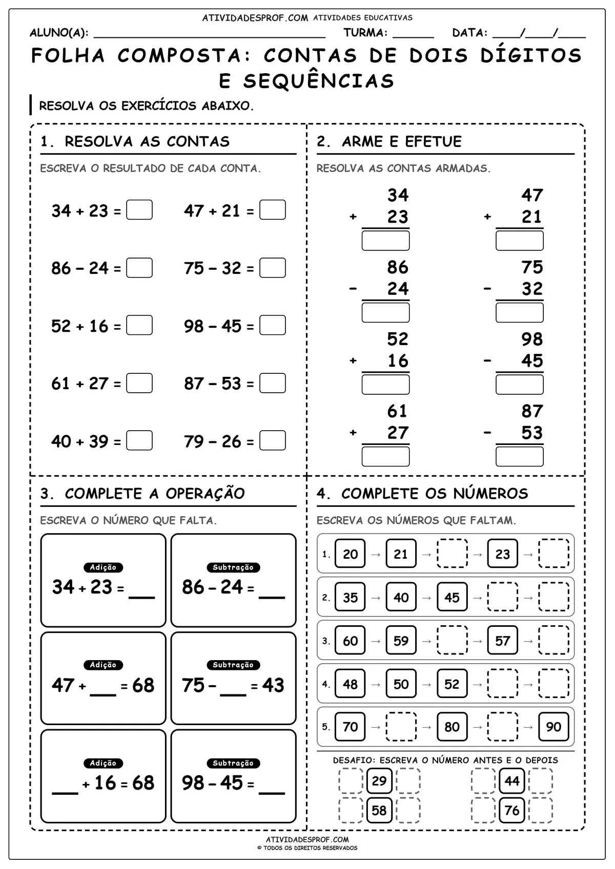 FOLHA COMPOSTA: CONTAS DE DOIS DÍGITOS E SEQUÊNCIAS