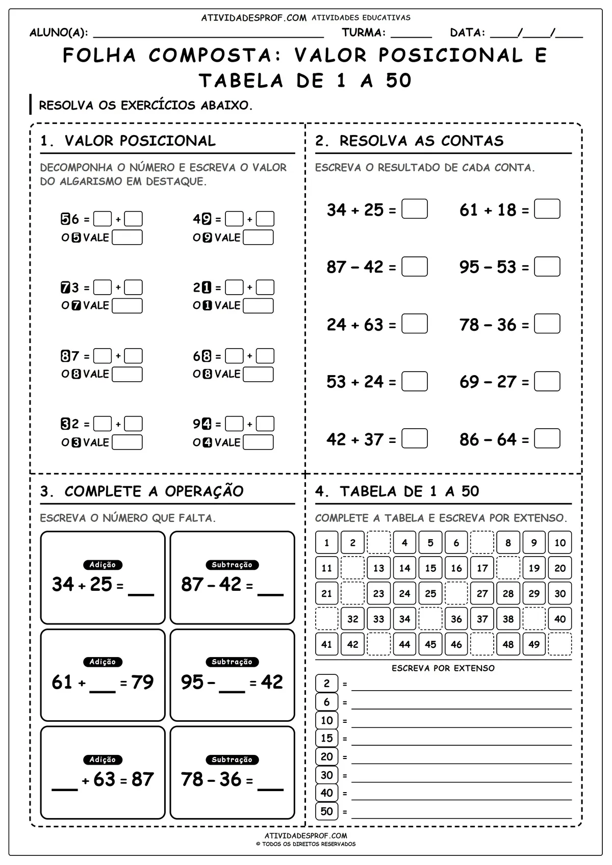 FOLHA COMPOSTA: VALOR POSICIONAL E TABELA DE 1 A 50