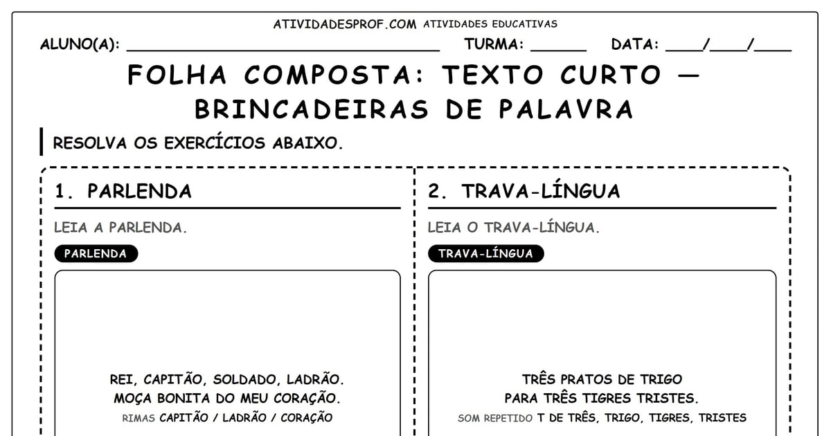 FOLHA COMPOSTA: TEXTO CURTO — BRINCADEIRAS DE PALAVRA