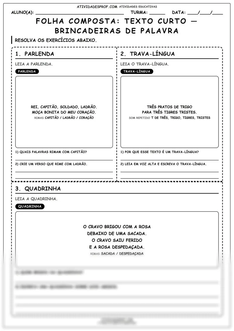 FOLHA COMPOSTA: TEXTO CURTO — BRINCADEIRAS DE PALAVRA