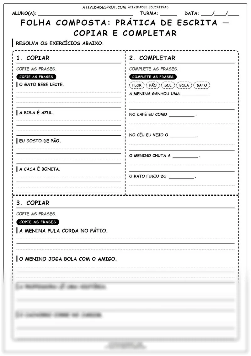 FOLHA COMPOSTA: PRÁTICA DE ESCRITA — COPIAR E COMPLETAR