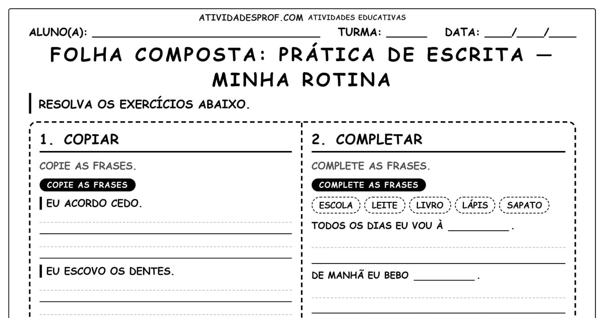 FOLHA COMPOSTA: PRÁTICA DE ESCRITA — MINHA ROTINA
