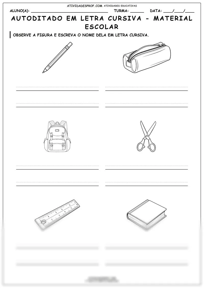 Autoditado em letra cursiva - material escolar