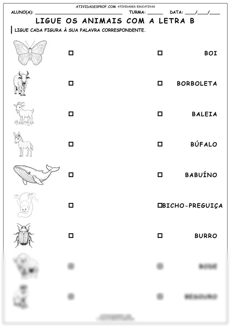 Ligue os animais com a letra B