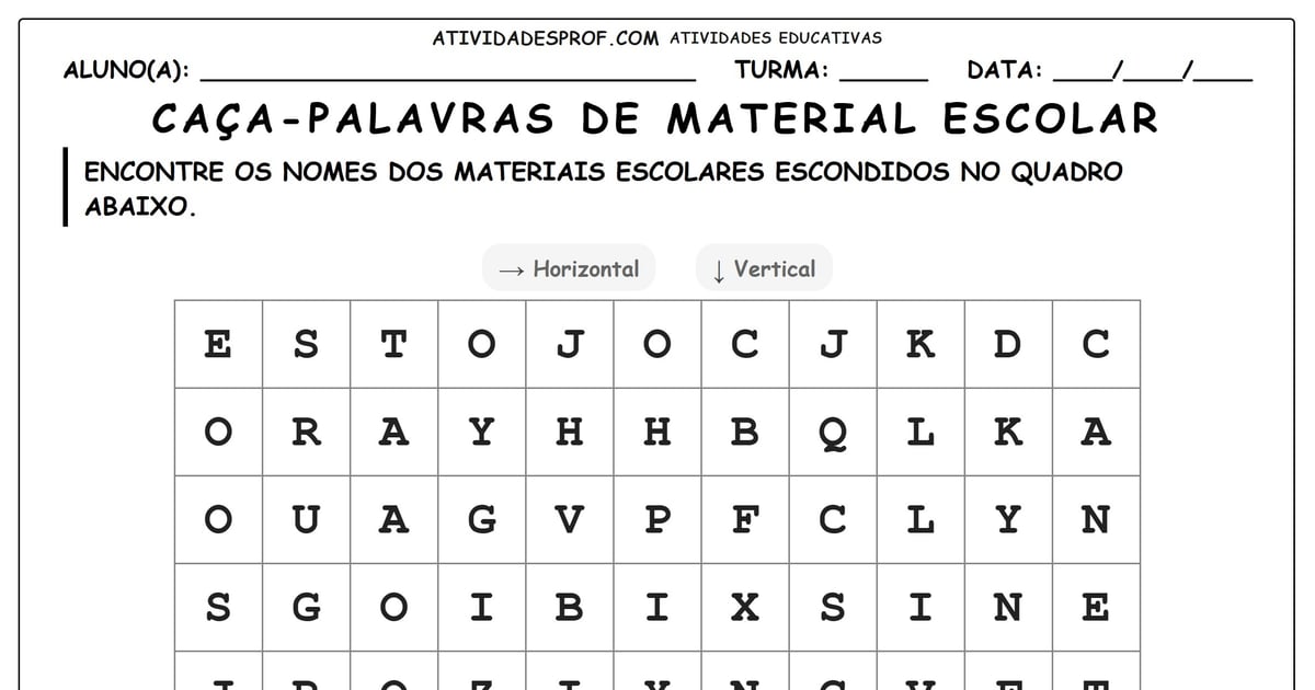Caça-palavras de material escolar