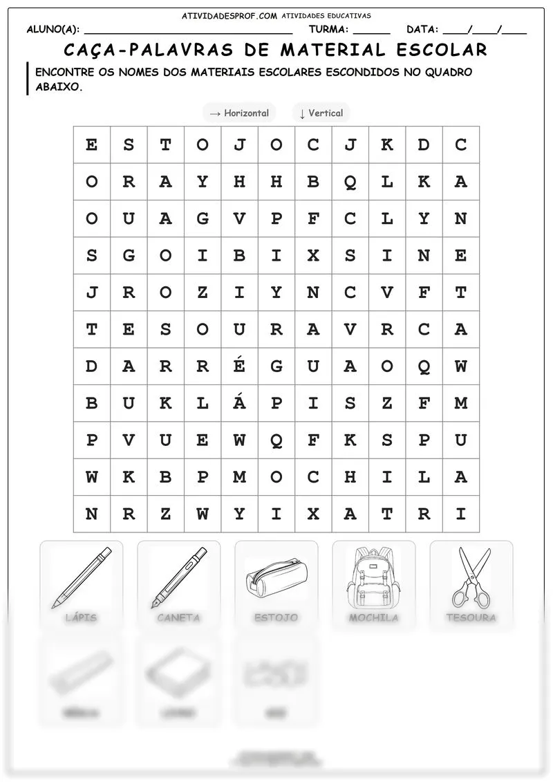 Caça-palavras de material escolar