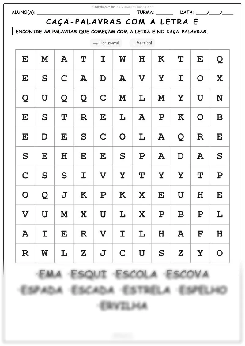 Caça-palavras com a letra e