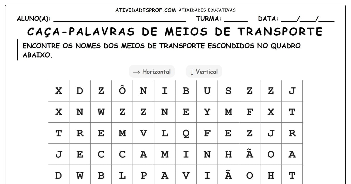 Caça-palavras de meios de transporte