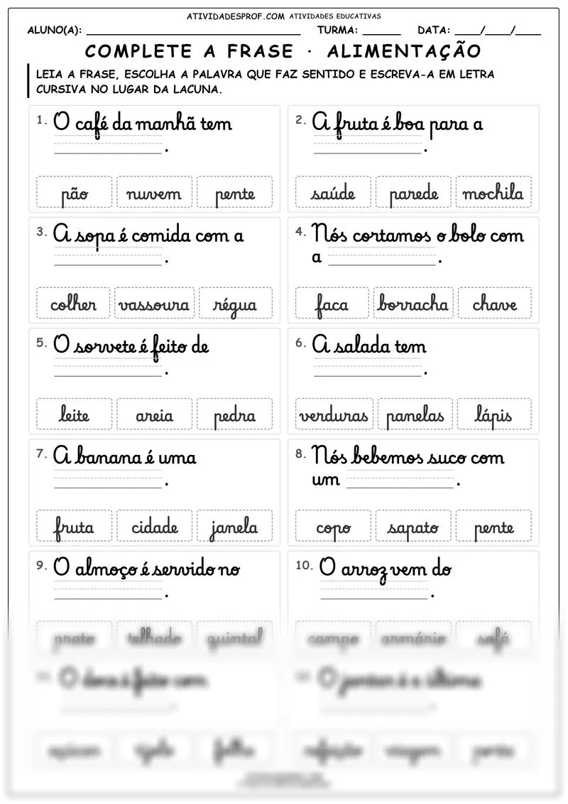 Complete a frase · alimentação