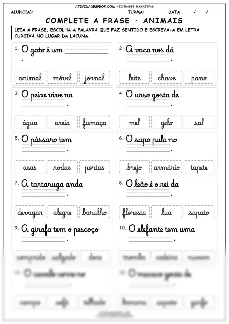 Complete a frase · animais