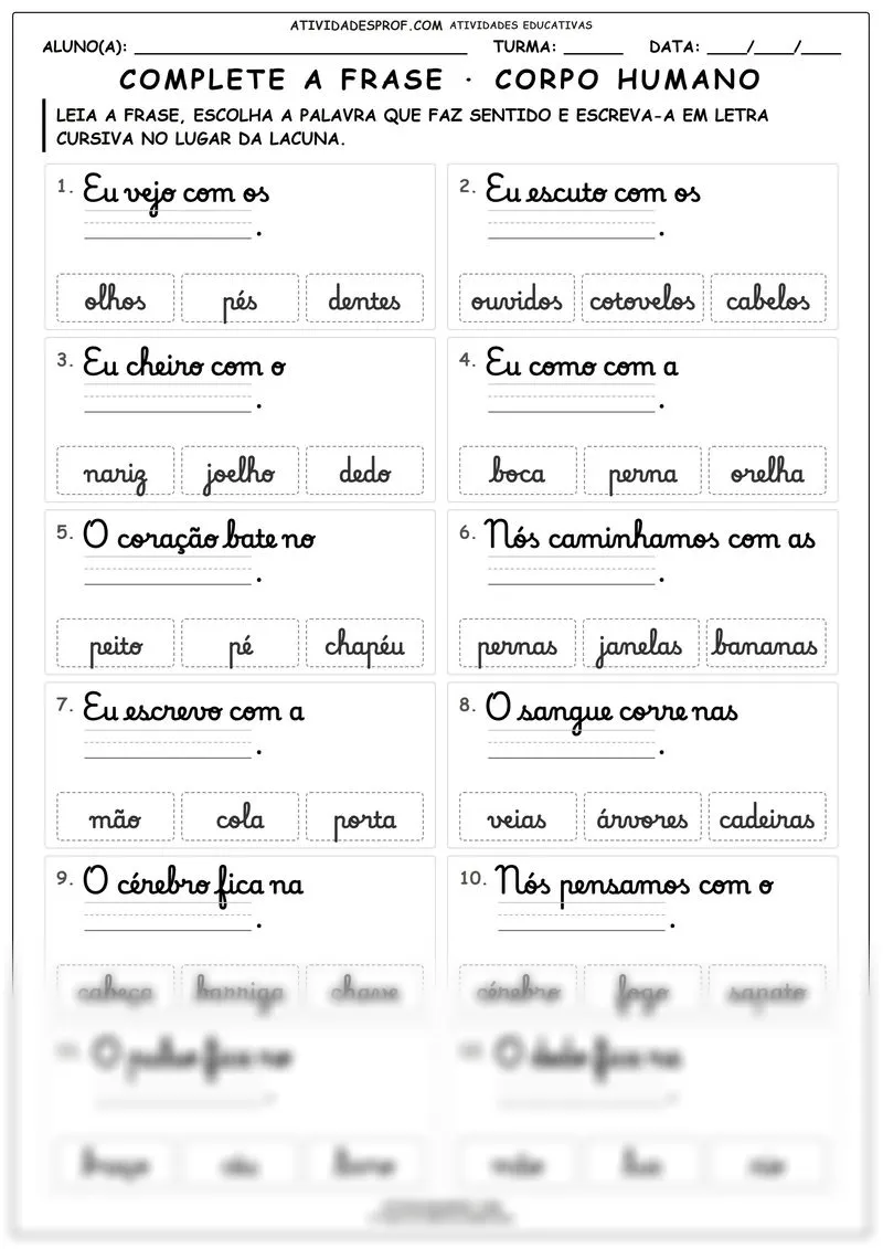 Complete a frase · corpo humano
