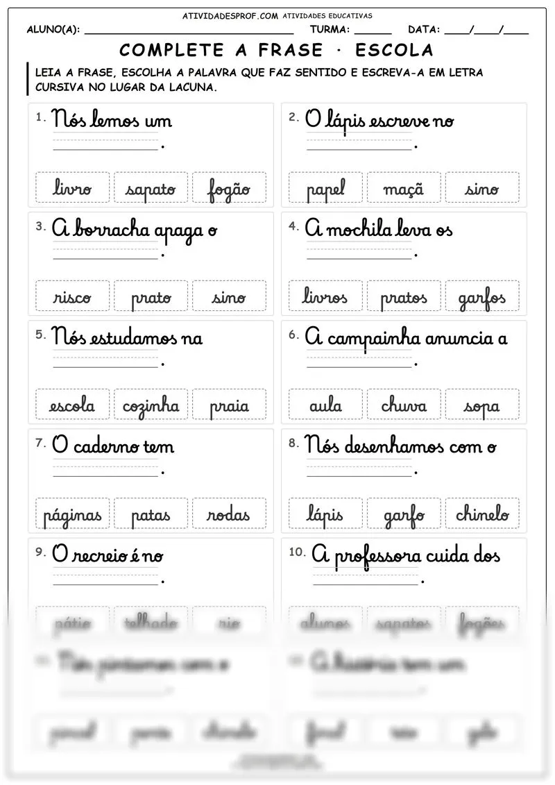 Complete a frase · escola