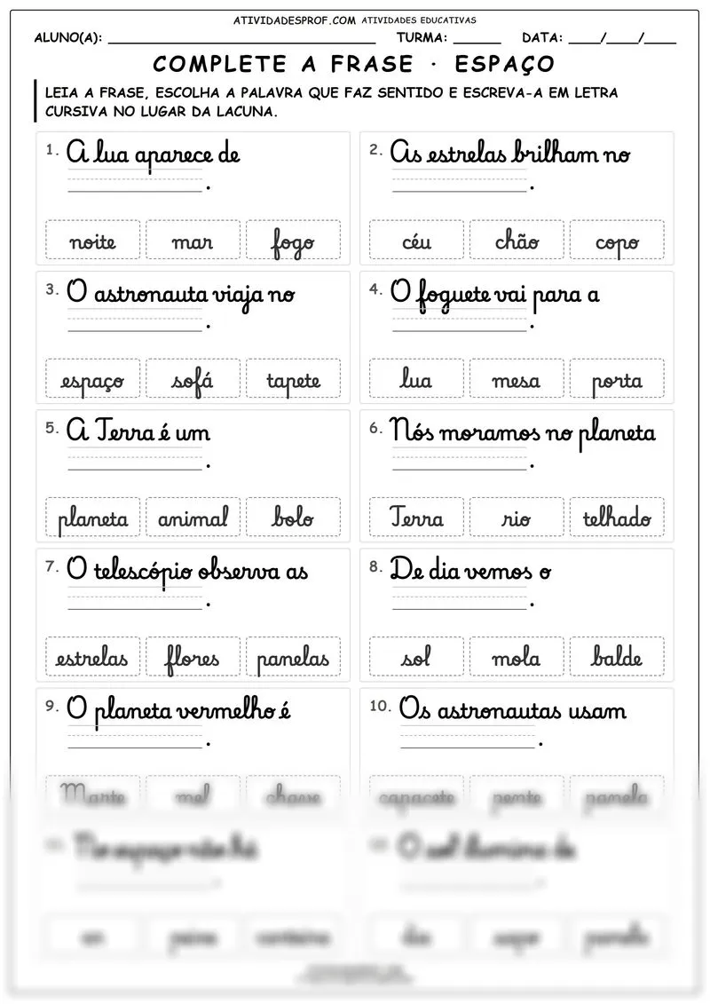 Complete a frase · espaço