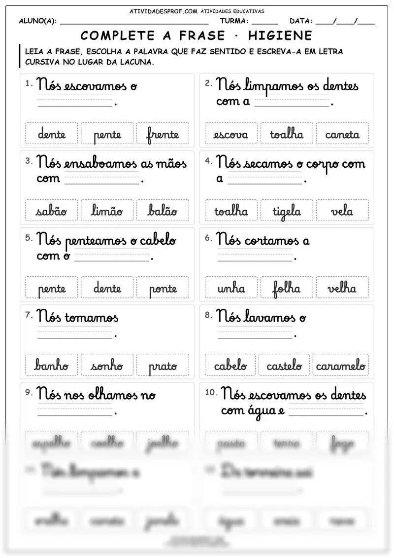 Complete a frase · higiene