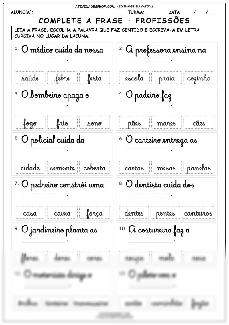 Complete a frase · profissões