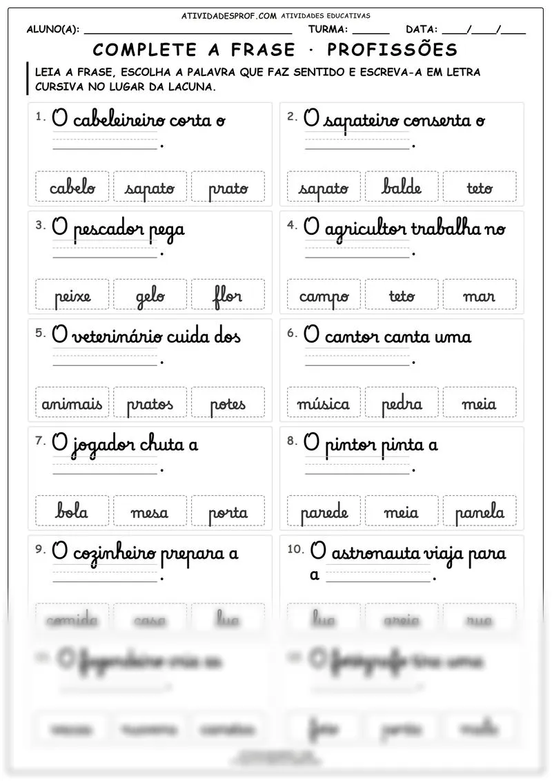Complete a frase · profissões