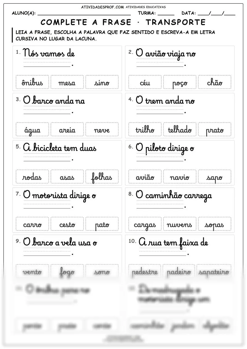 Complete a frase · transporte