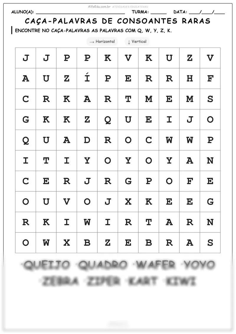 Caça-palavras de consoantes raras