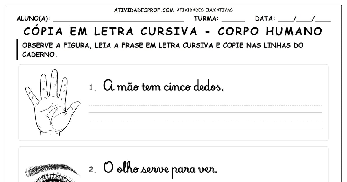Cópia em letra cursiva - corpo humano