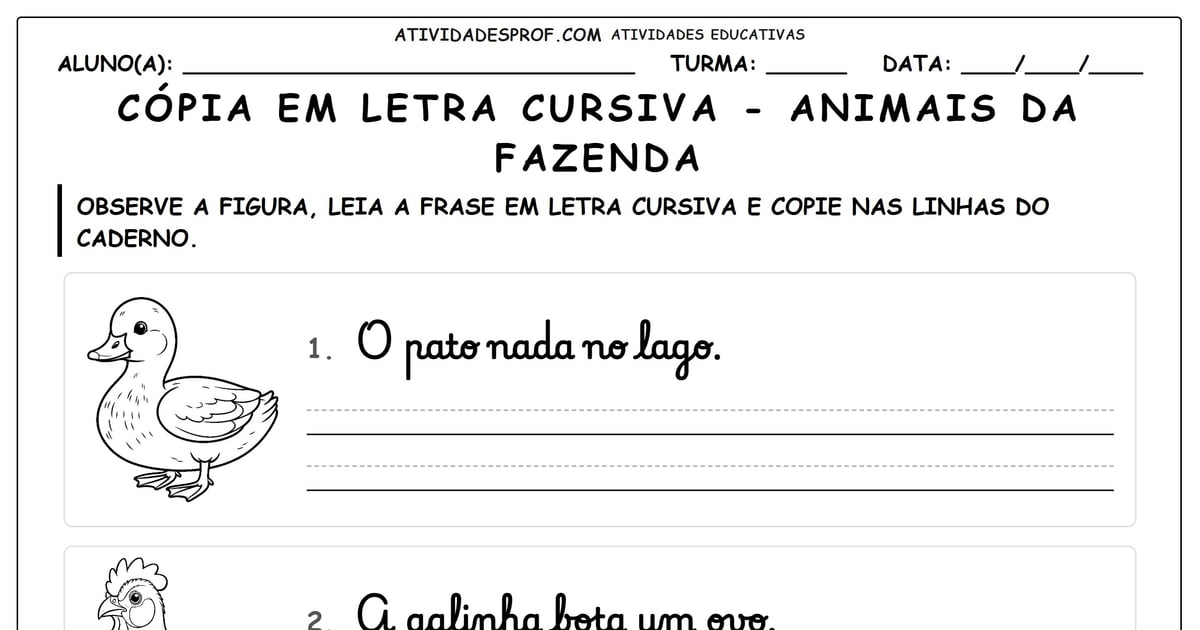Cópia em letra cursiva - animais da fazenda