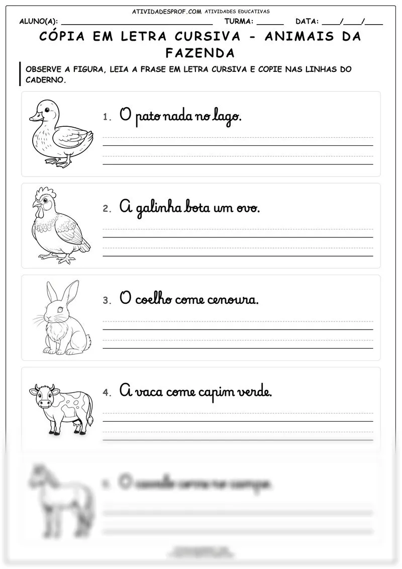 Cópia em letra cursiva - animais da fazenda