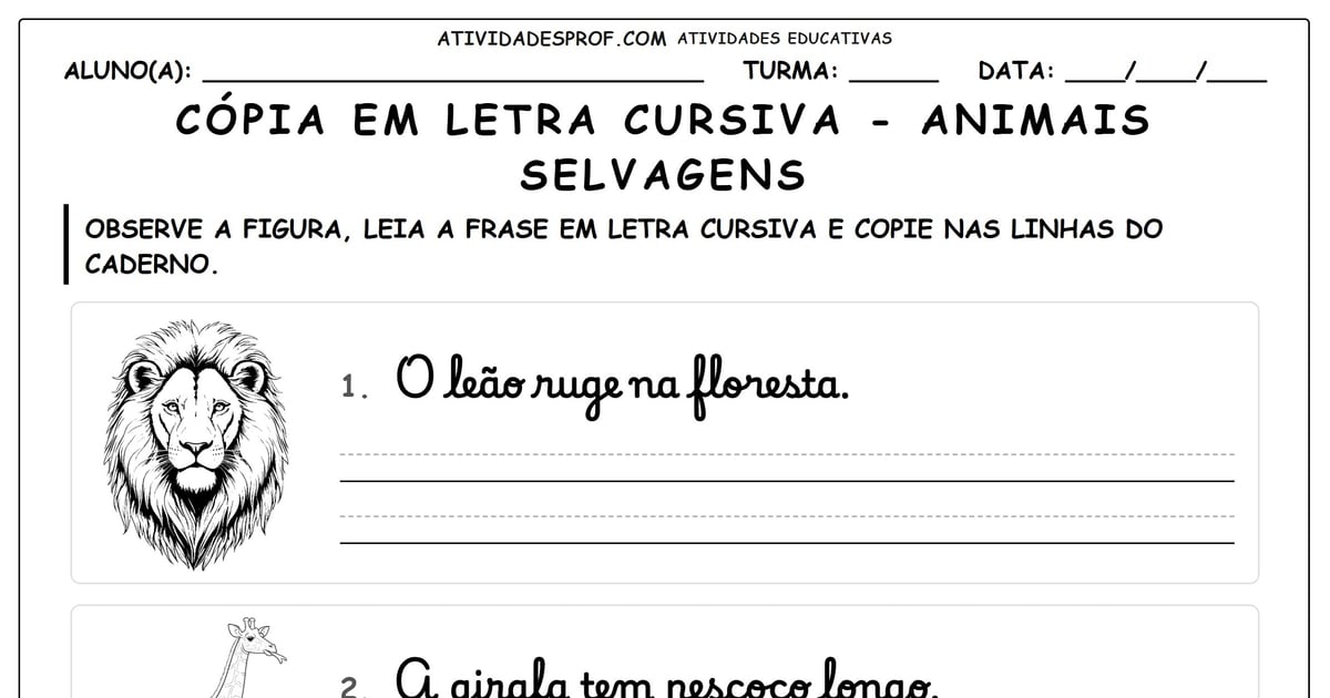 Cópia em letra cursiva - animais selvagens