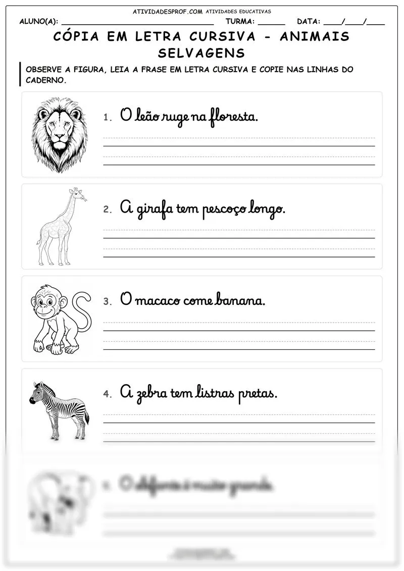 Cópia em letra cursiva - animais selvagens