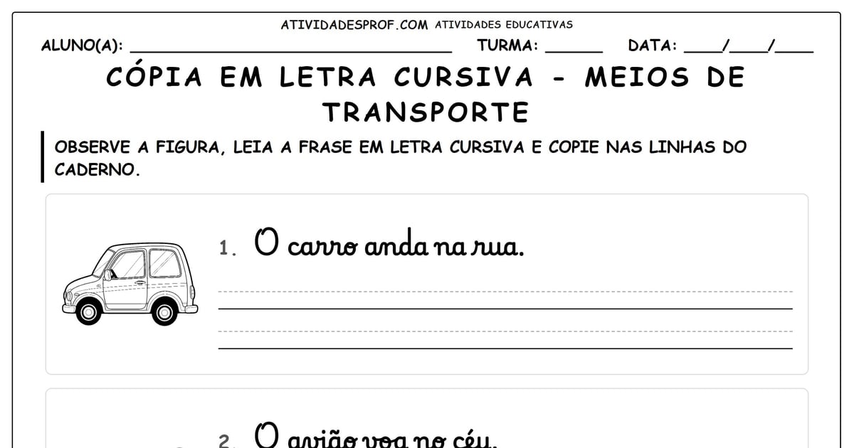 Cópia em letra cursiva - meios de transporte