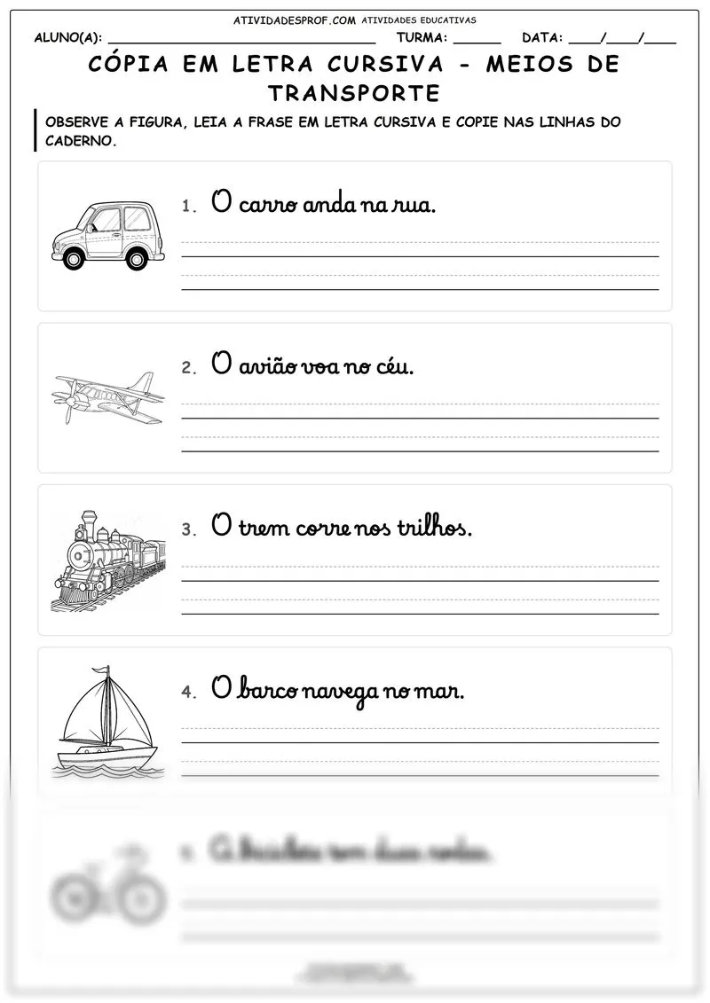 Cópia em letra cursiva - meios de transporte
