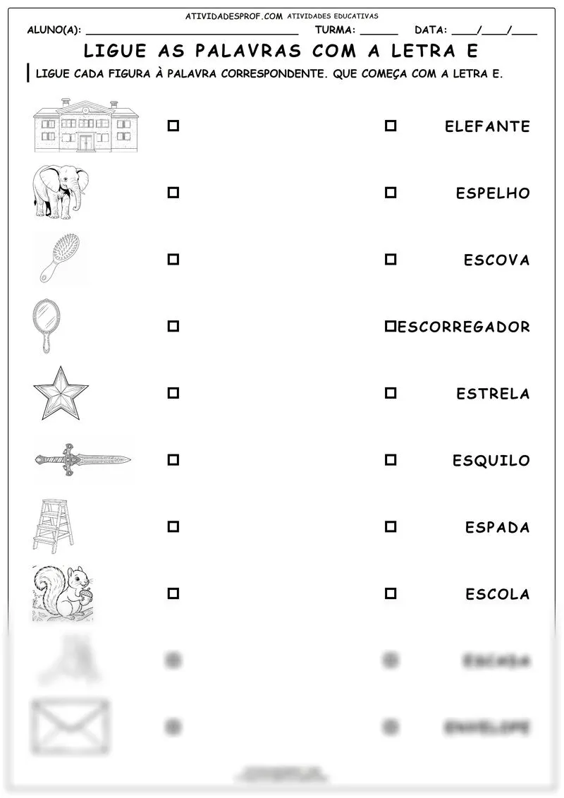 Ligue as palavras com a letra e