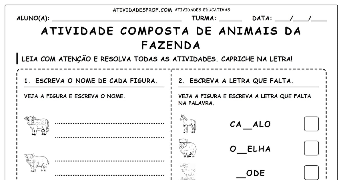 Atividade composta de animais da fazenda