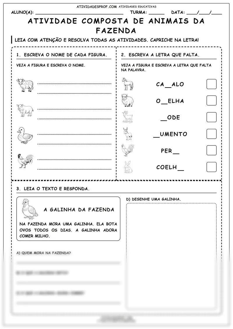 Atividade composta de animais da fazenda