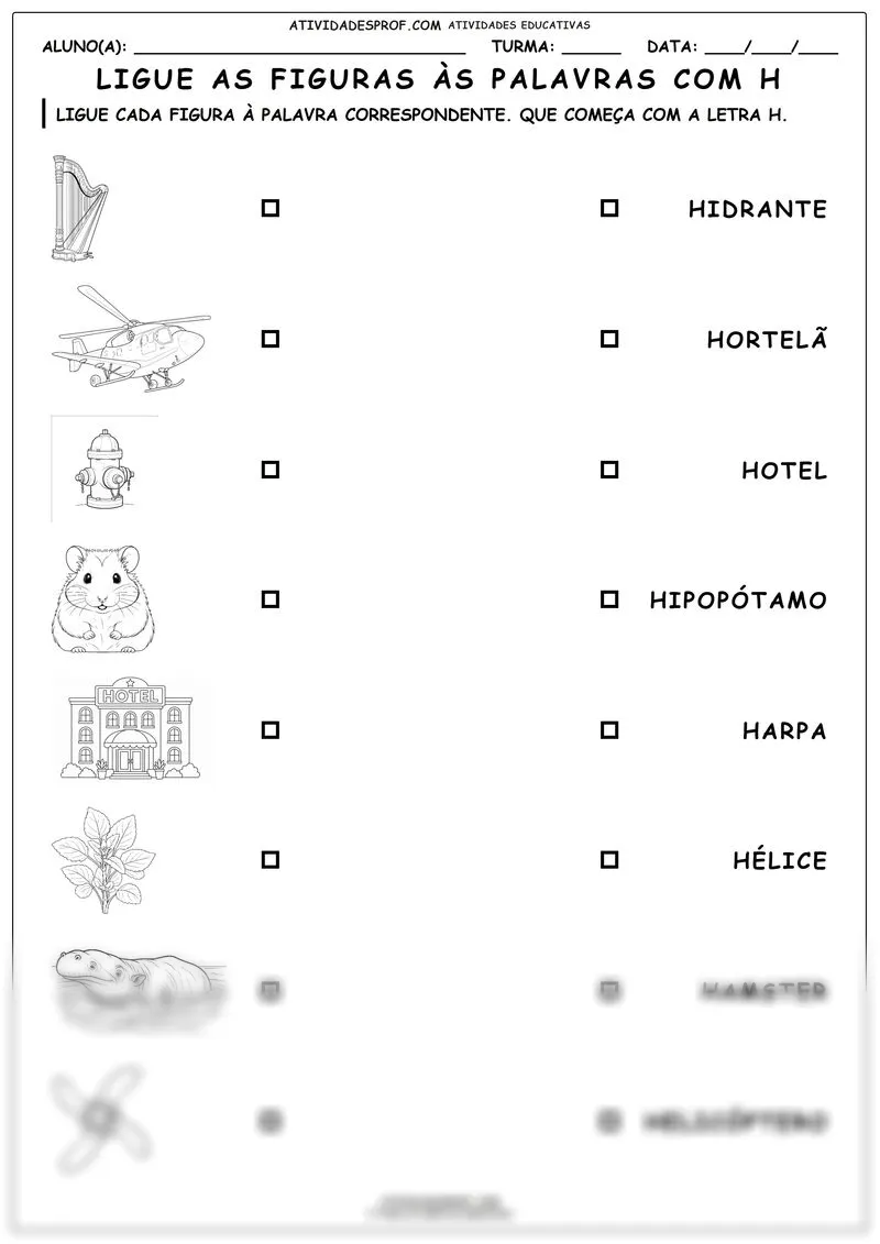 Ligue as figuras às palavras com H