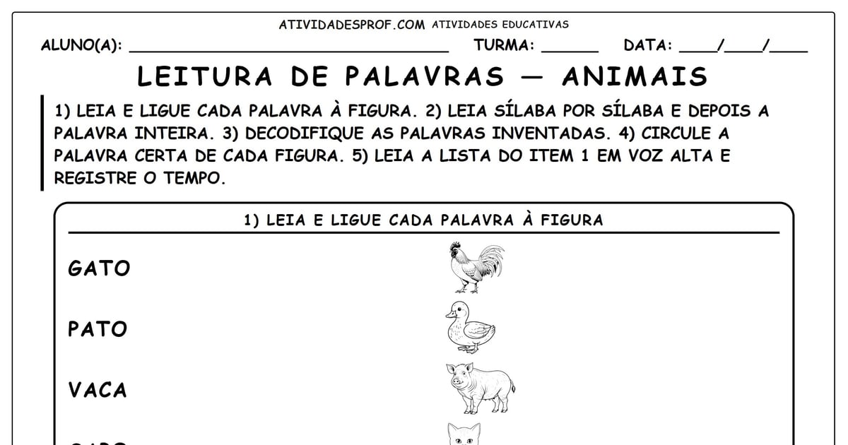 Leitura de palavras — animais