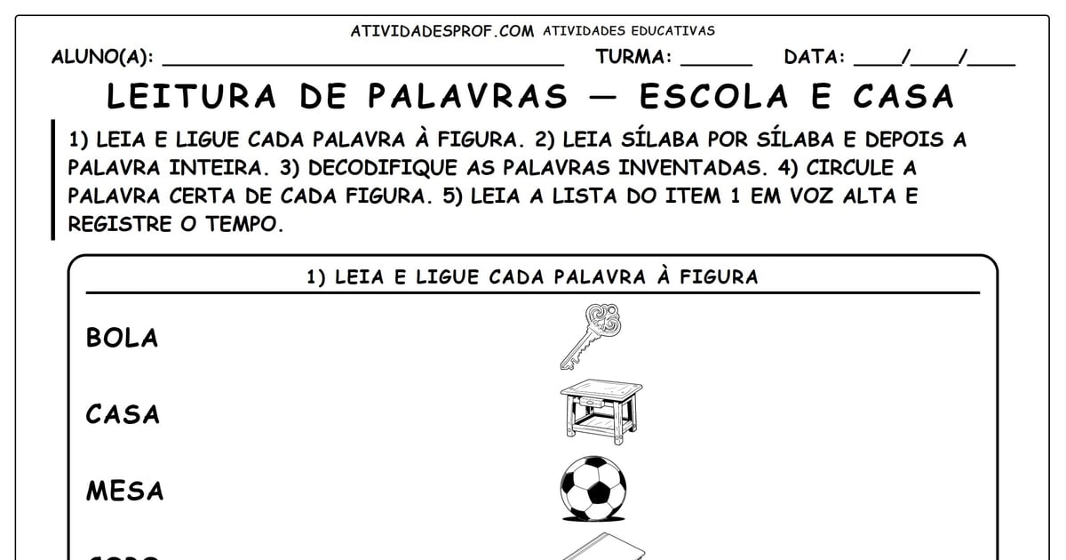 Leitura de palavras — escola e casa