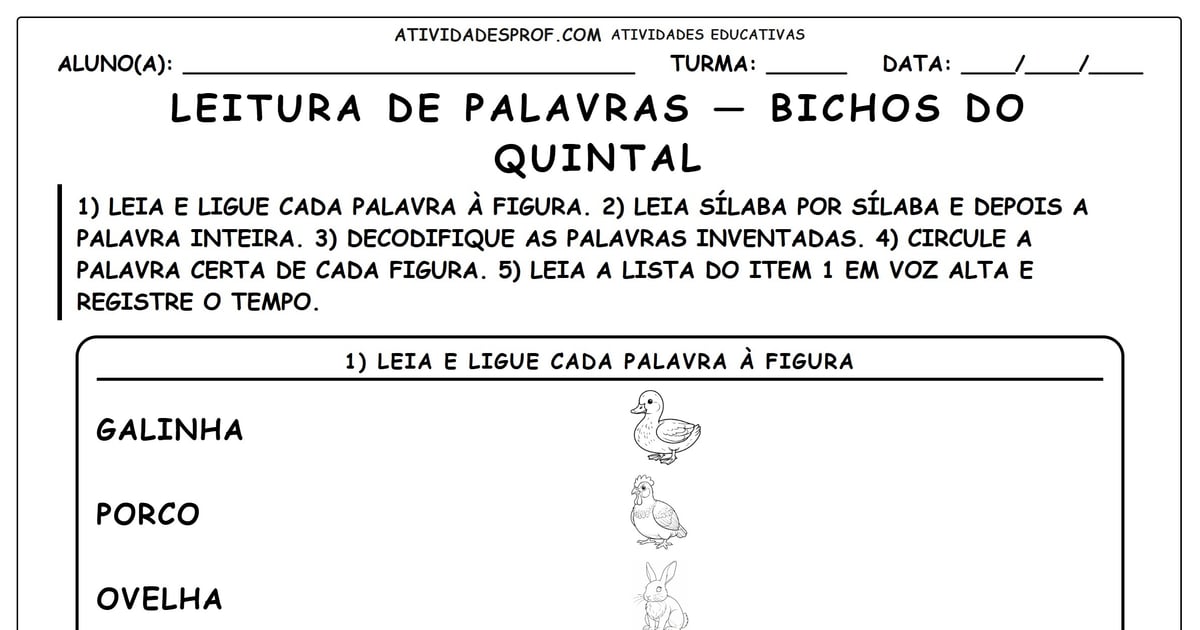 Leitura de palavras — bichos do quintal