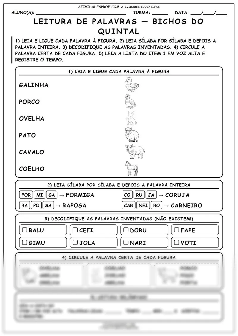 Leitura de palavras — bichos do quintal
