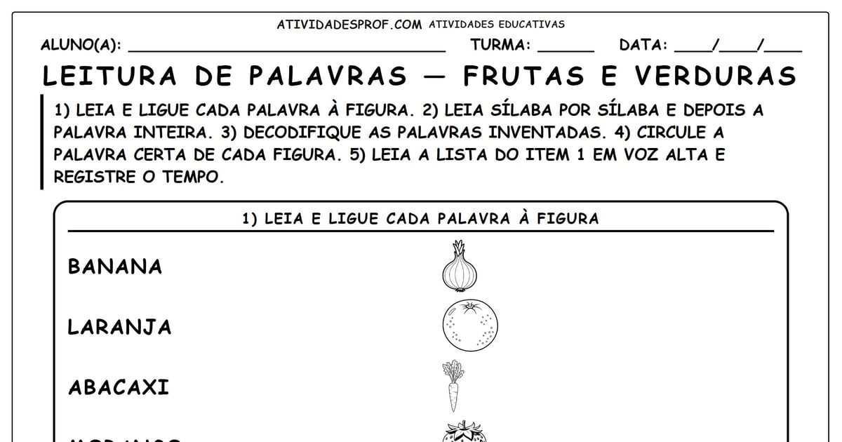 Leitura de palavras — frutas e verduras