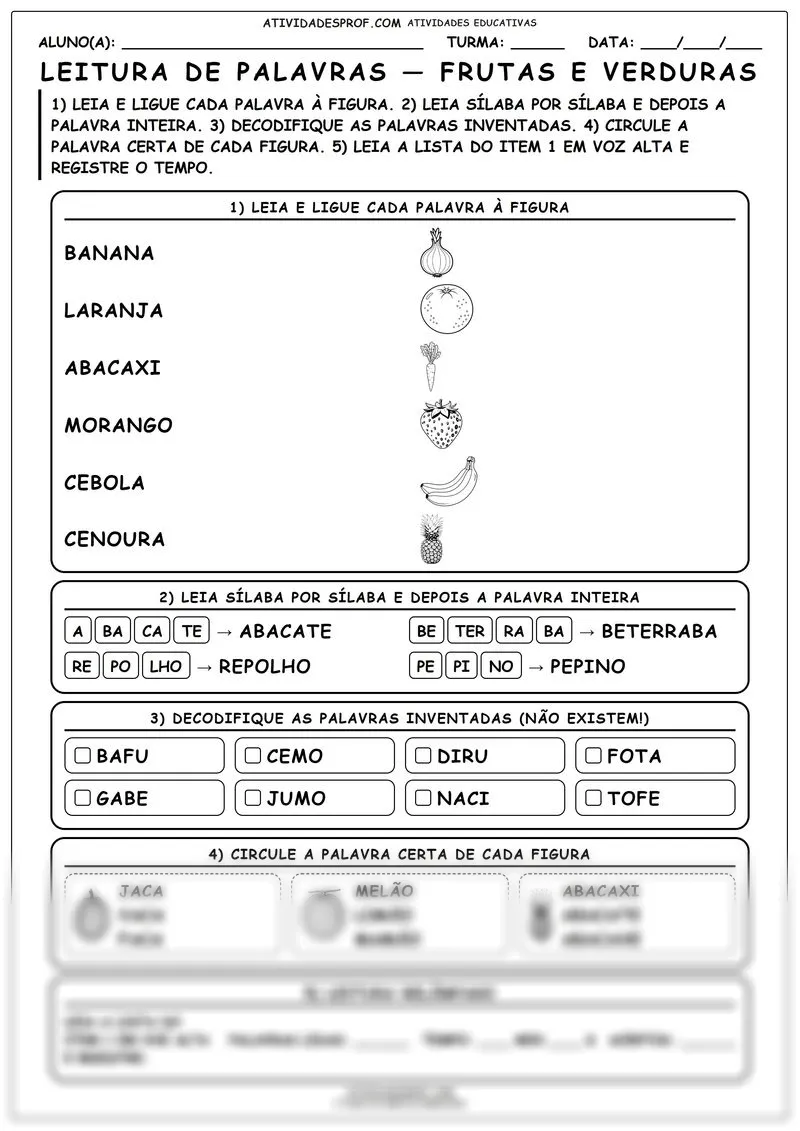 Leitura de palavras — frutas e verduras