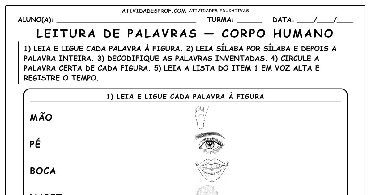 Leitura de palavras — corpo humano