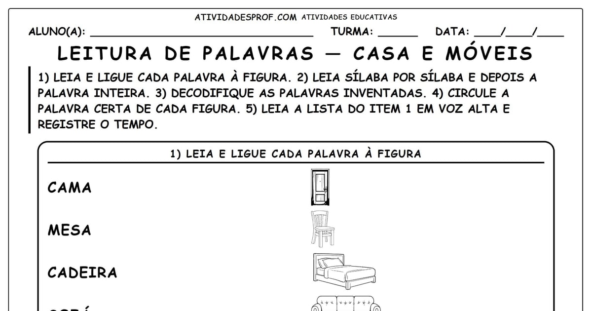 Leitura de palavras — casa e móveis
