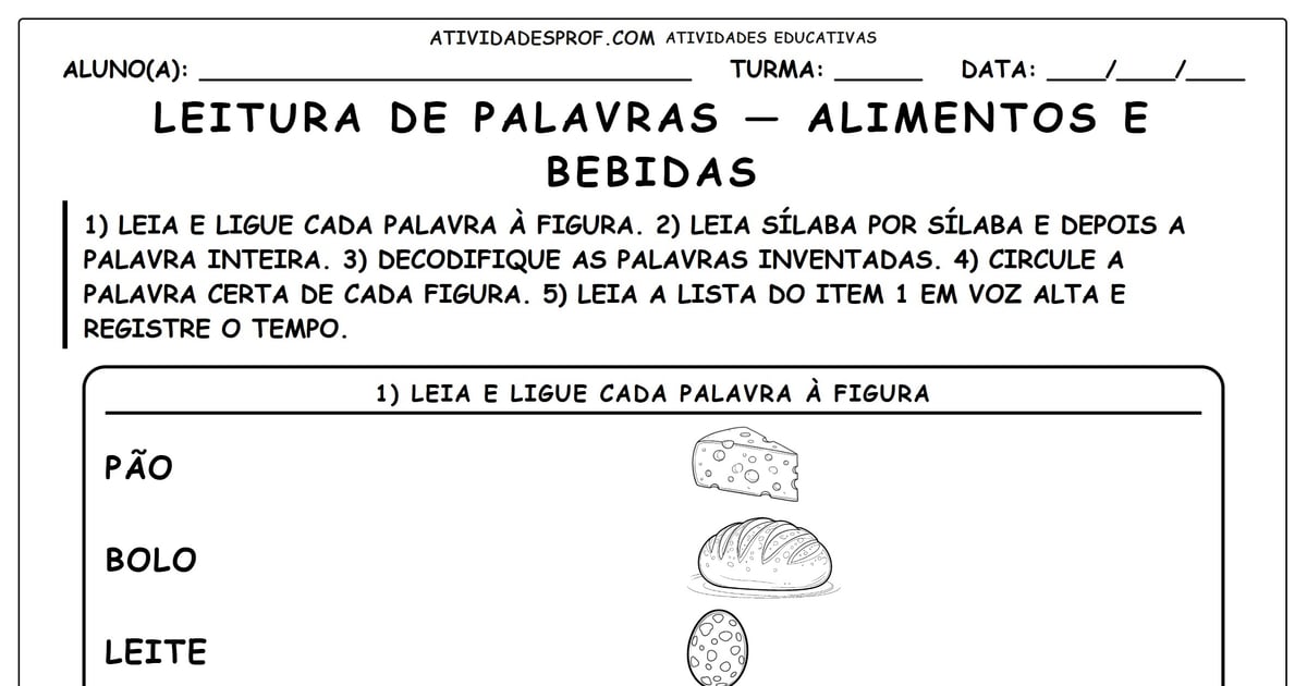 Leitura de palavras — alimentos e bebidas