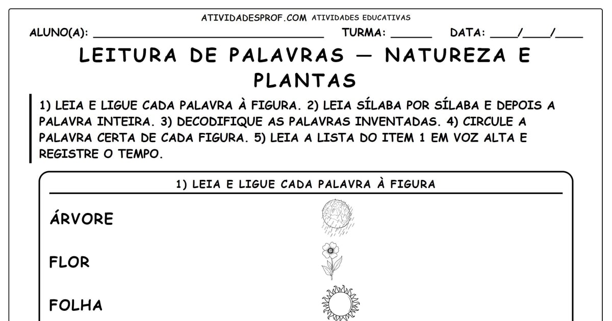Leitura de palavras — natureza e plantas