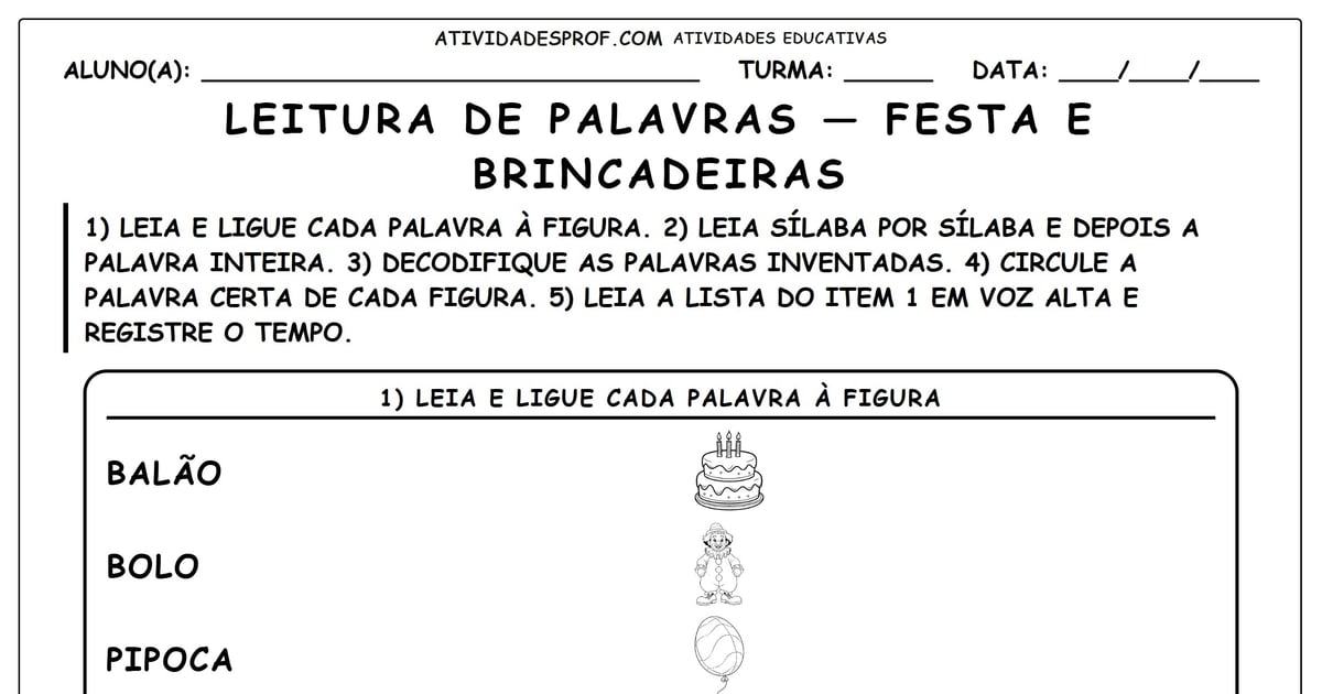 Leitura de palavras — festa e brincadeiras