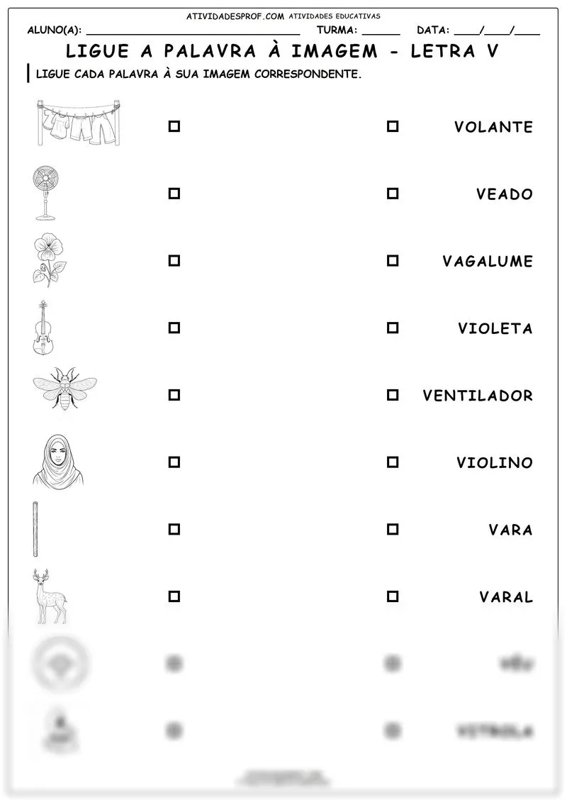 Ligue a palavra à imagem - letra V