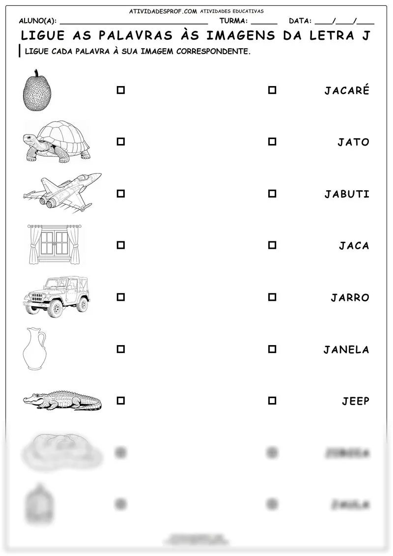 Ligue as palavras às imagens da letra J