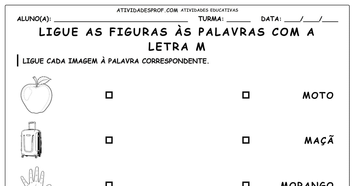 Ligue as figuras às palavras com a letra M